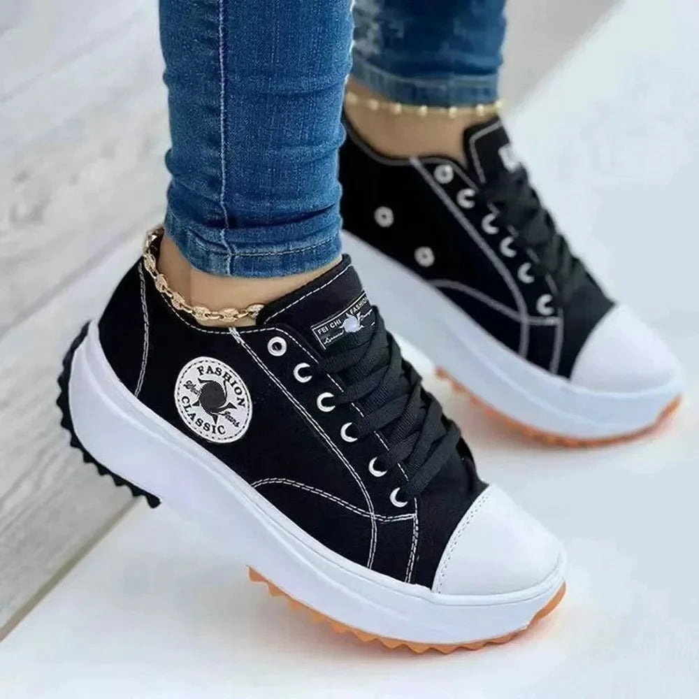 Women’s White Canvas Platform Sneakers – Casual Fashion Tennis Shoes