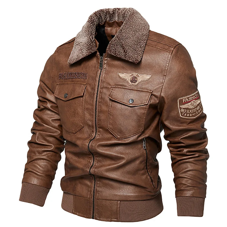 Retro Fur Collar Warm Men's Fleece Lined PU Leather Jacket Coat