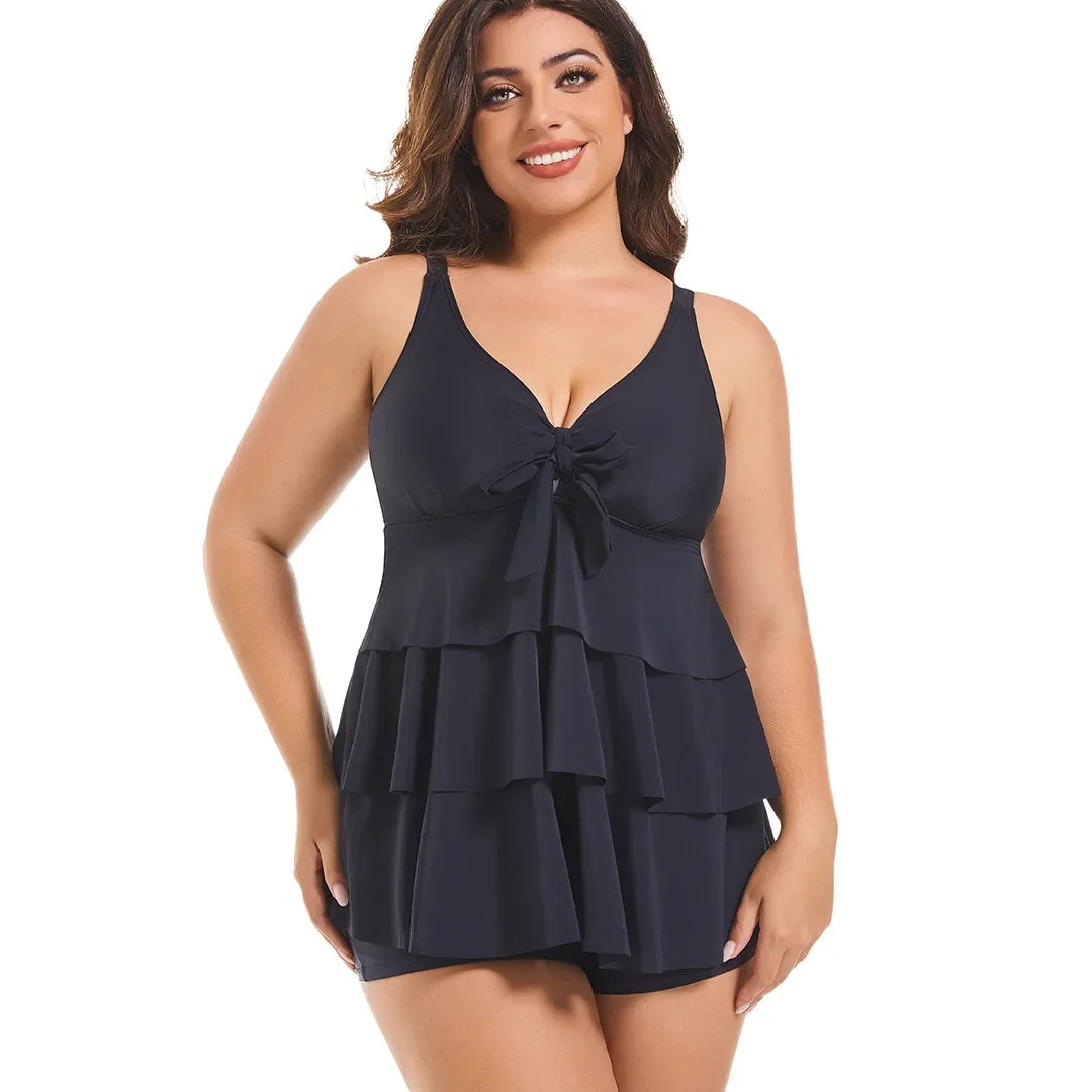 Plus Size Black Bikini Set - Conservative Skirt Style Swimsuit