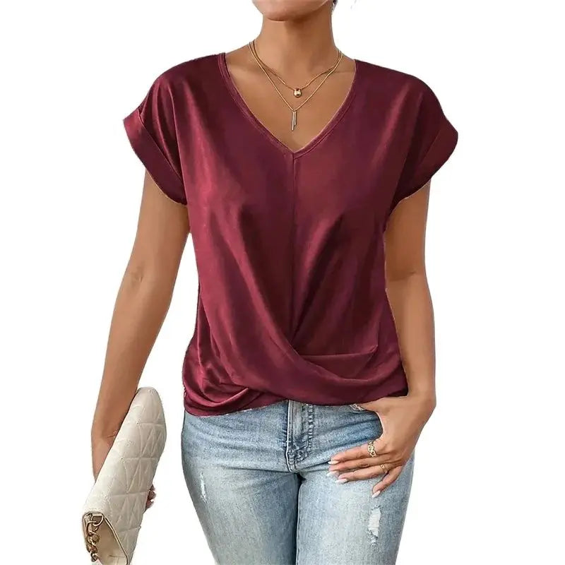 Fashion Pleated Hem V-Neck Tee – Women’s Summer Casual Office Top