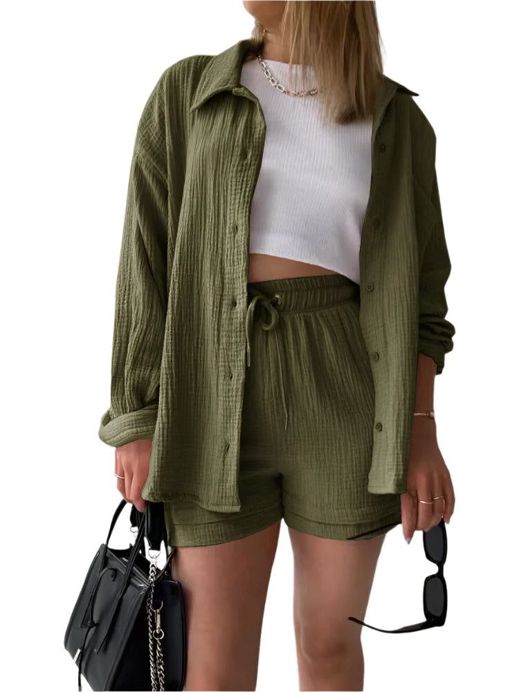 Women's Casual Shirt & Shorts Suit - Full Sleeve Spring/Summer Set