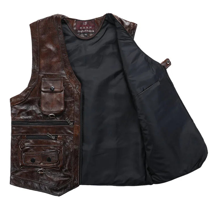 Men's Cowhide Genuine Leather Vest - Thick Motorcycle Biker Waistcoat