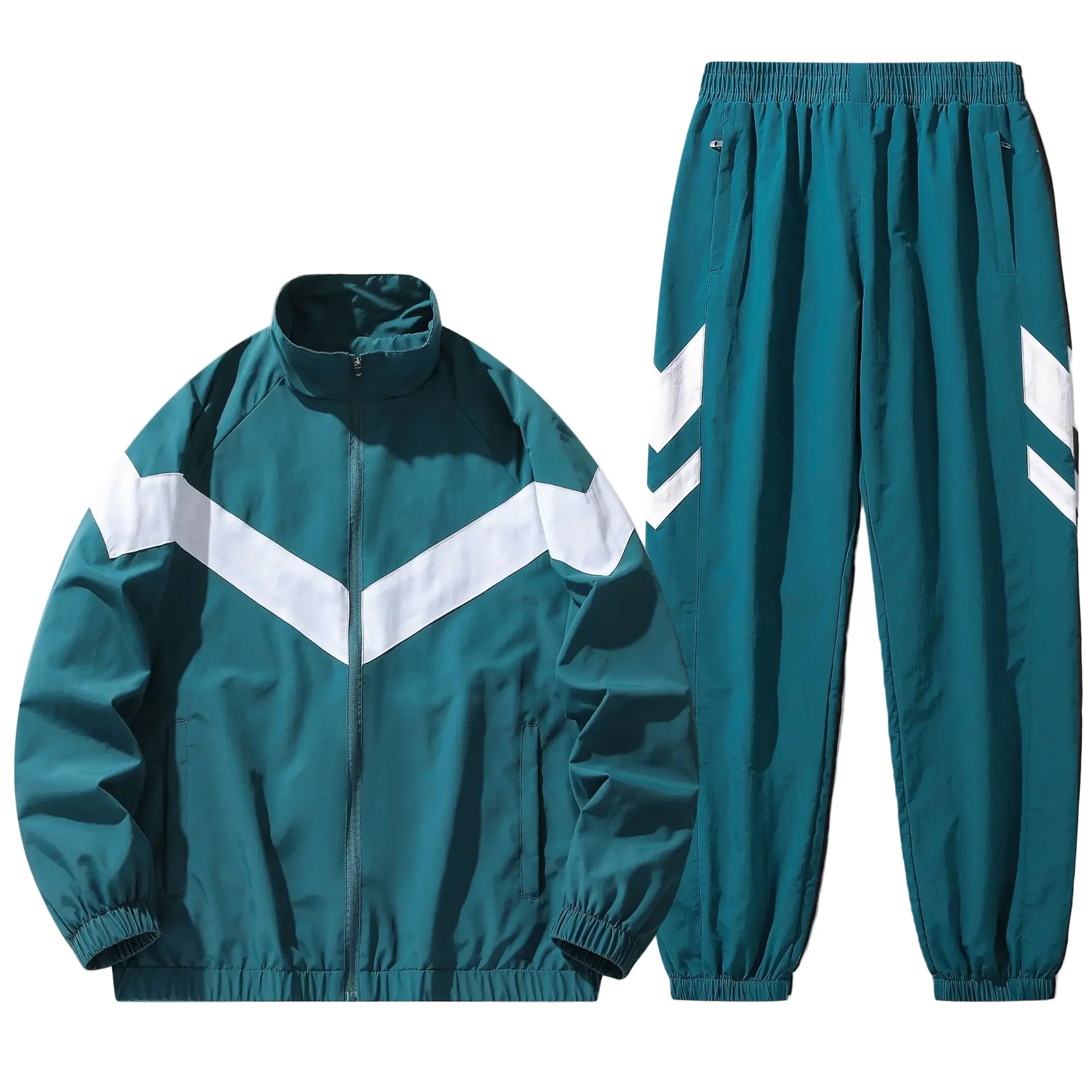 Teal tracksuit with white stripes on a light gray background