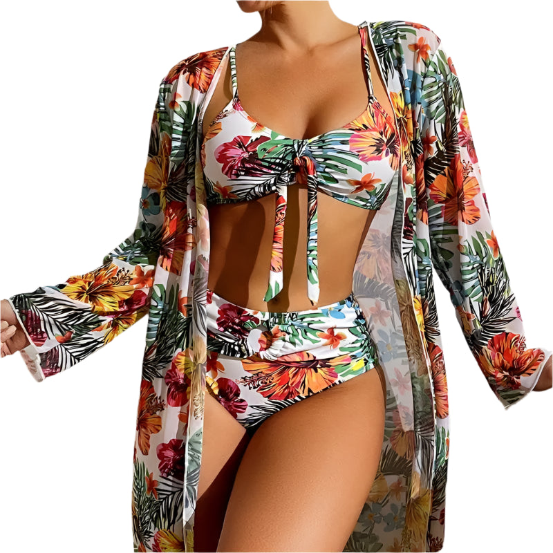 Women's 3PC Floral Swimsuit - LS Blouse, Wireless Bra & High Waist