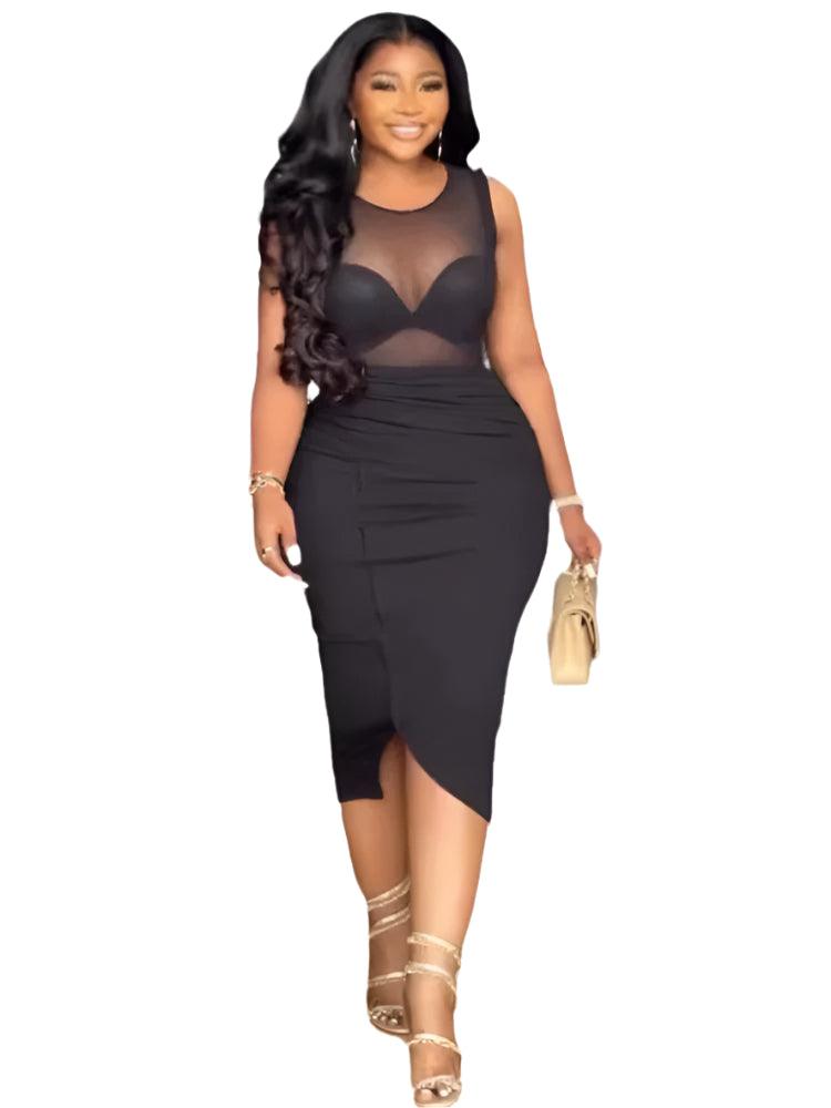 Black O-Neck Sleeveless Fashion Party Club Prom Sexy See-Through Sheath Dress