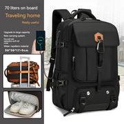 Black travel backpack with multiple compartments and features, shown with a smartphone app display.