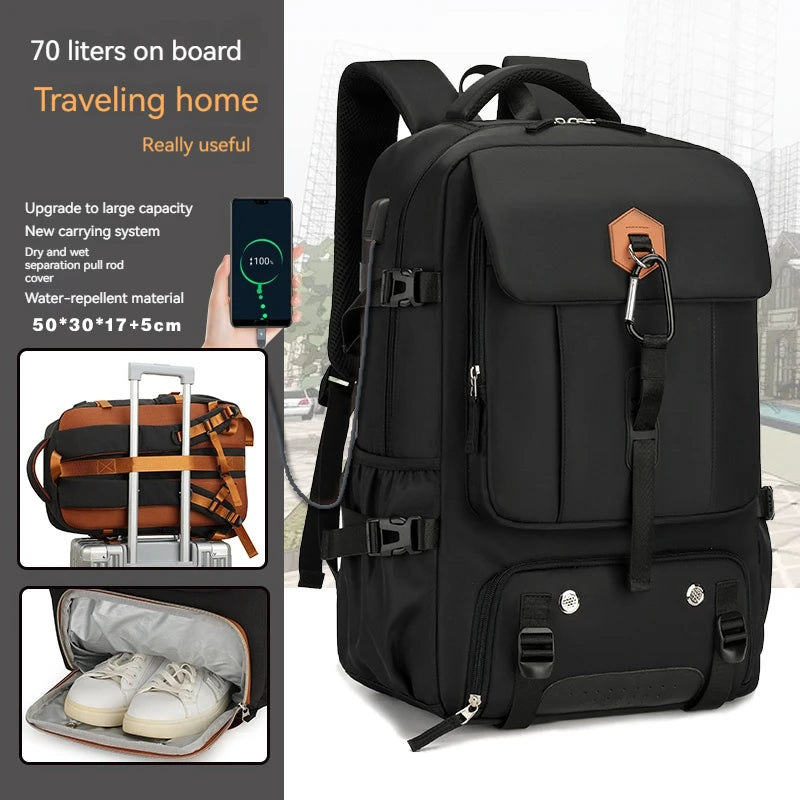 Black travel backpack with multiple compartments and features, shown with a smartphone app display.
