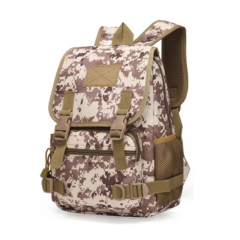 Camouflage backpack with brown straps on a white background