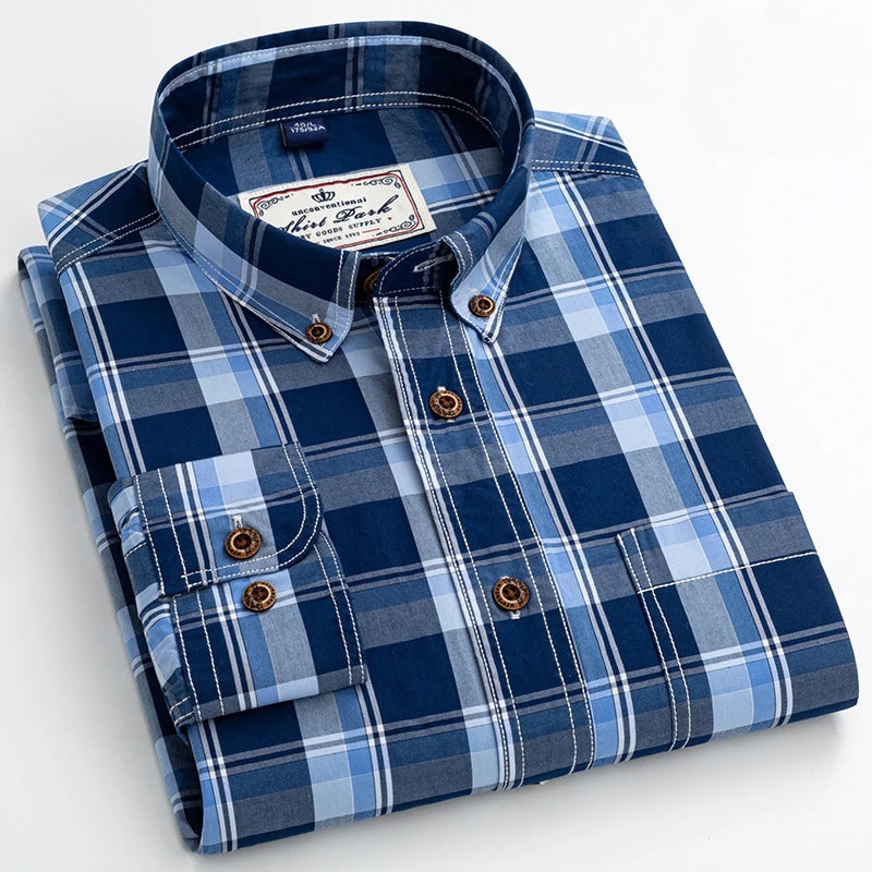100% Cotton Slim Fit Plaid Shirt – Formal Long-Sleeve Office Casual Shirt for Men