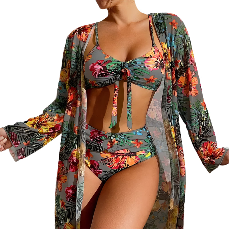 Women's 3PC Floral Swimsuit - LS Blouse, Wireless Bra & High Waist
