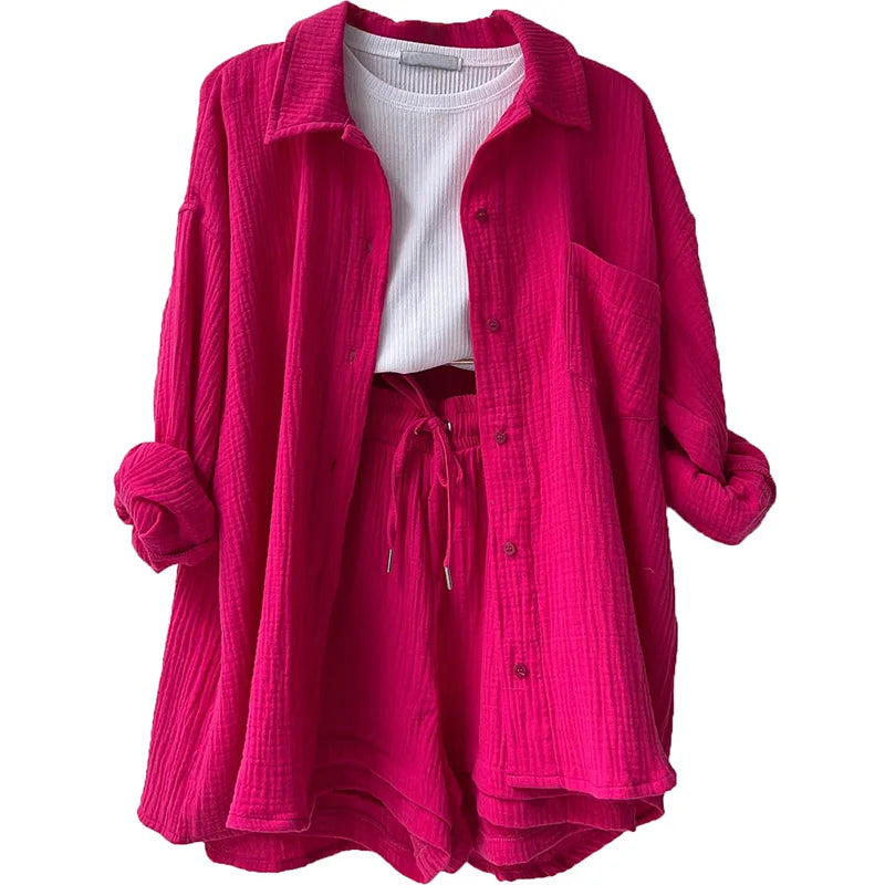 Women's Casual Shirt & Shorts Suit - Full Sleeve Spring/Summer Set