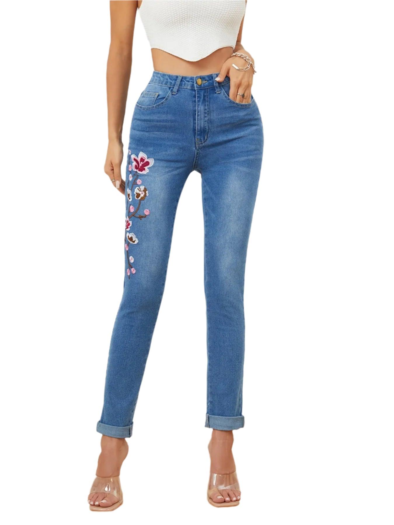 High Waist Embroidered Skinny Jeans | Stretch Denim Pencil Pants Women