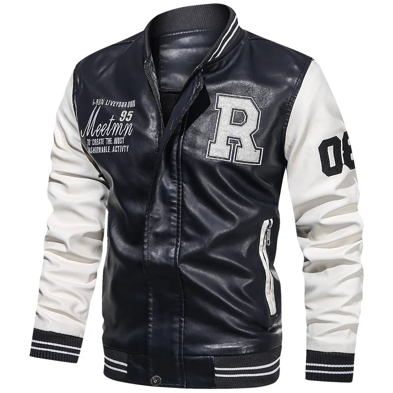 Men's Embroidered PU Leather Jacket: Fleece Lined Winter Coat