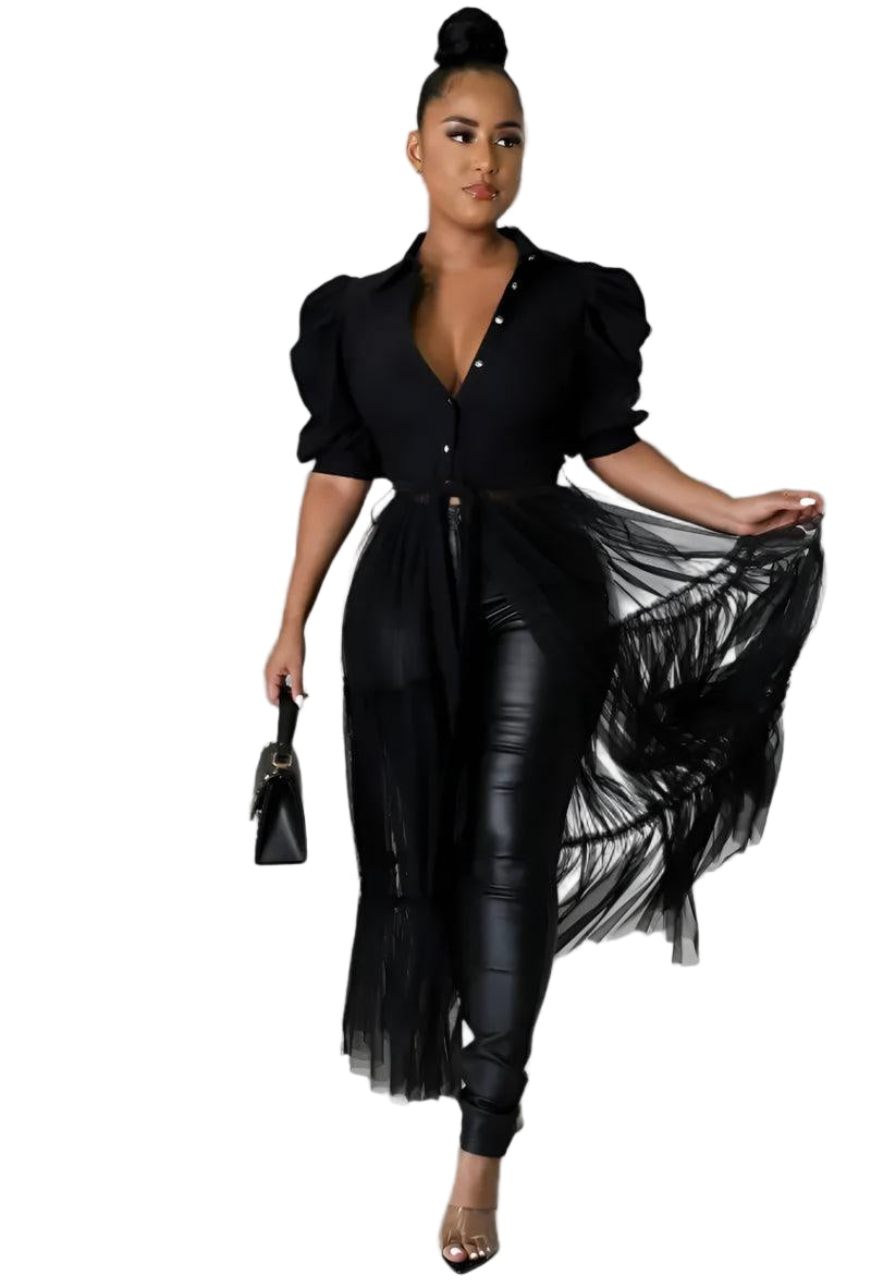 Elegant Mesh Patchwork Maxi Dress – Lantern Sleeves & High Waist Design - JVMCL