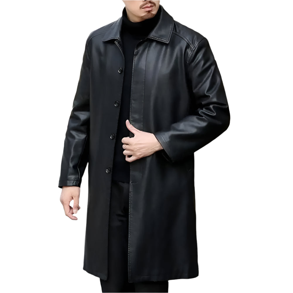 Men's Long Faux Leather Jacket: Fleece Lined, Removable Fur Collar