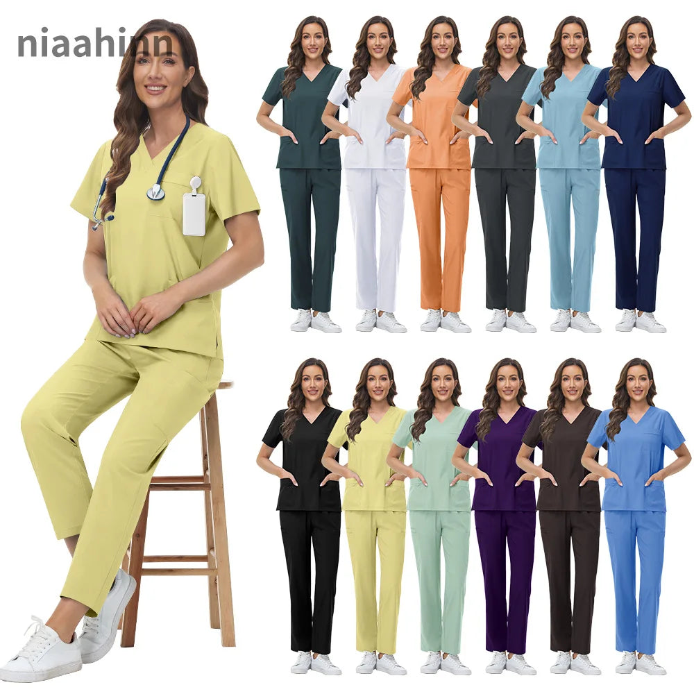 Unisex Medical Scrubs Set: Short Sleeve V-Neck Top & Pants Workwear