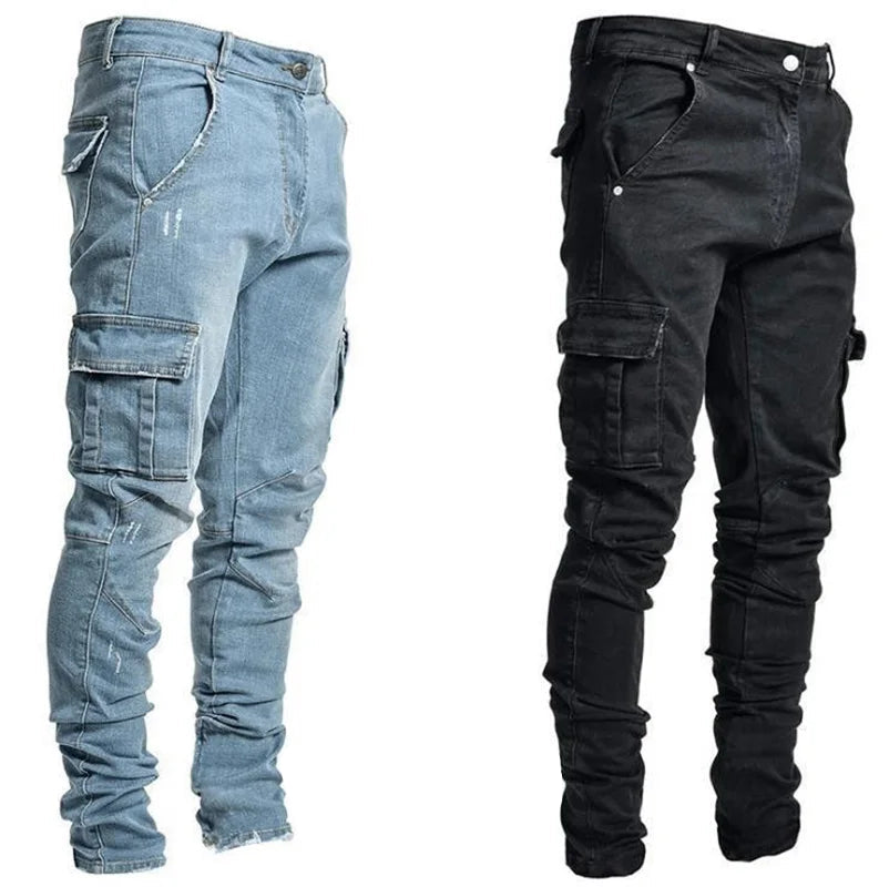 Men’s Cargo Jeans – Mid Waist Multi-Pocket Casual Denim Pants