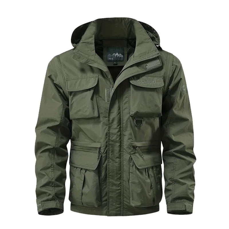Green jacket with multiple pockets on a white background