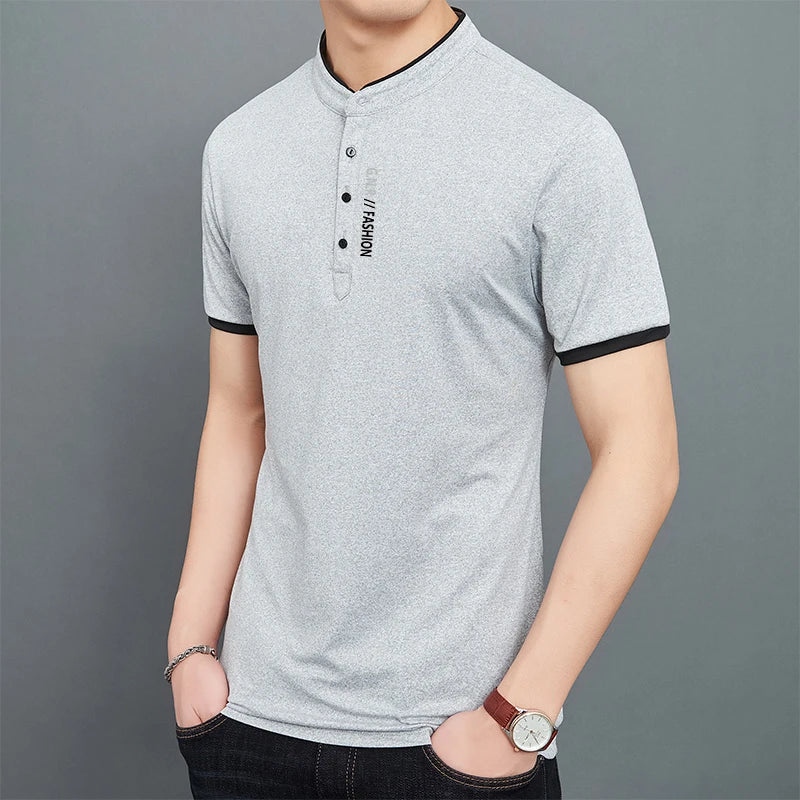 Men’s Stand-Up Collar Solid Color T-Shirt – Breathable Summer Casual Top