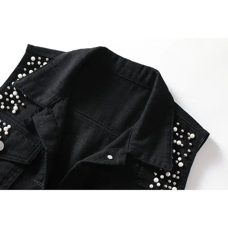 Colorful Beaded Denim Waistcoat – Women's Sleeveless Slim Fit Short Vest Jacket