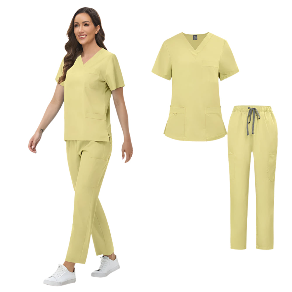 Unisex Medical Scrubs Set: Short Sleeve V-Neck Top & Pants Workwear