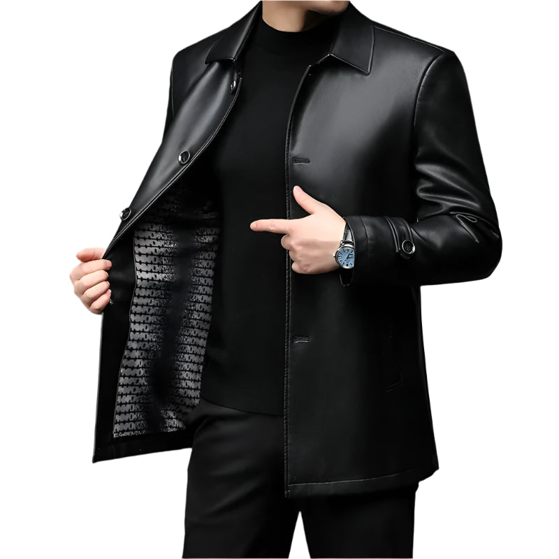 Classic Black Long Leather Jacket: Men's Warm Faux Fur Coat