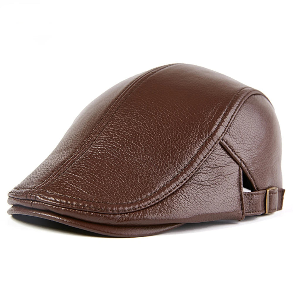 Adjustable-fit Real Leather Beret - Warm Sheepskin Flat Men's Cap