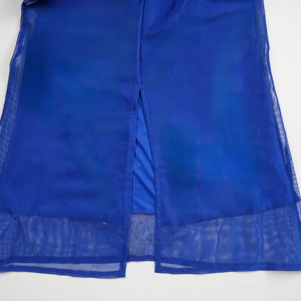 Blue fabric with a subtle pattern on a white background