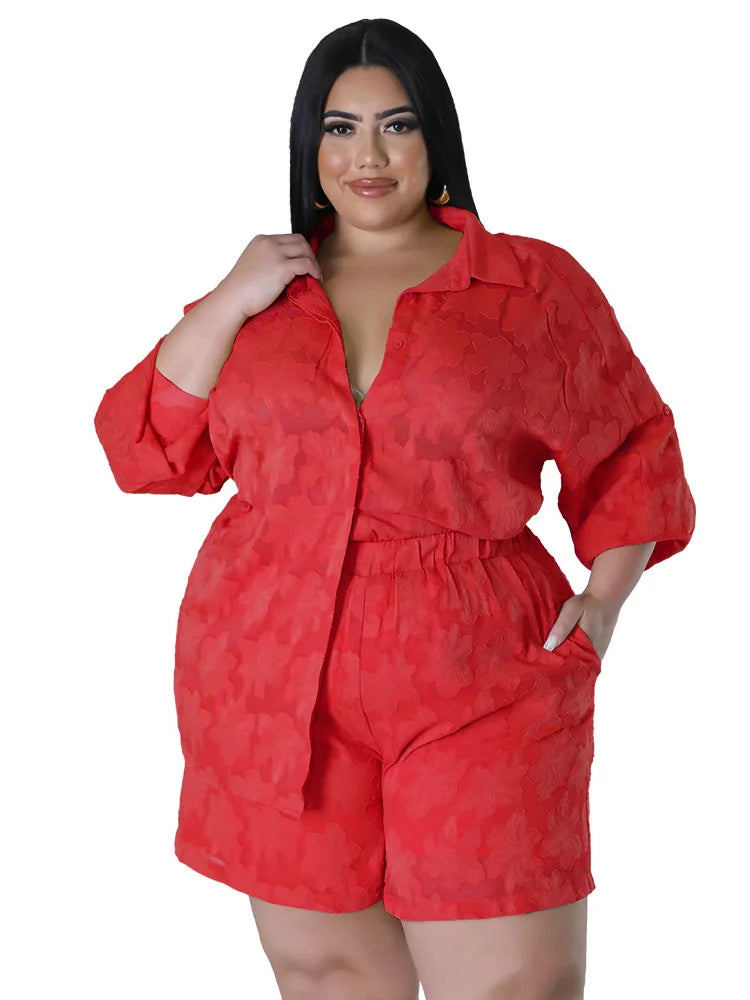 Plus Size Women's 2PC Set - Loose Shirt Top & Shorts Summer Outfits