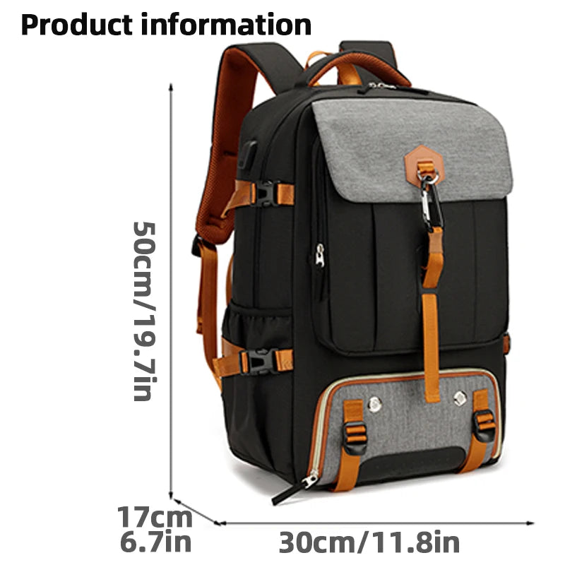 Black and gray backpack with brown accents and measurements on a white background
