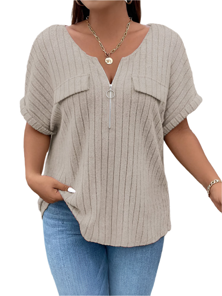 Women's Plus Size O-Ring Zip Front T-Shirt: Summer Rib Knit Top