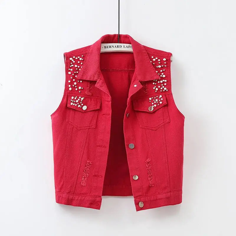 Colorful Beaded Denim Waistcoat – Women's Sleeveless Slim Fit Short Vest Jacket