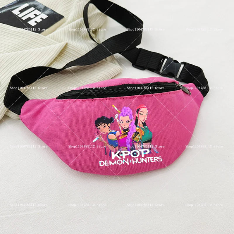 Pink fanny pack with KPOP Demon Hunters design on a light gray background