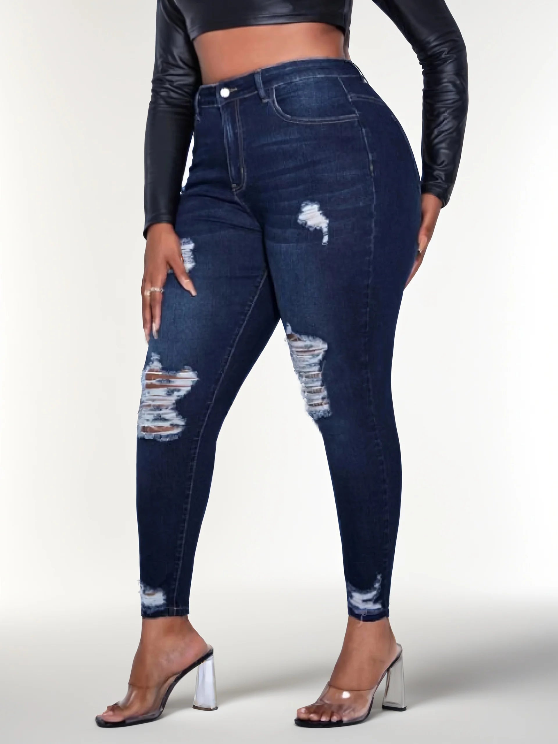 Plus Size Women's Ripped Jeans – Mid Waist Hip-Lifting Skinny Fit