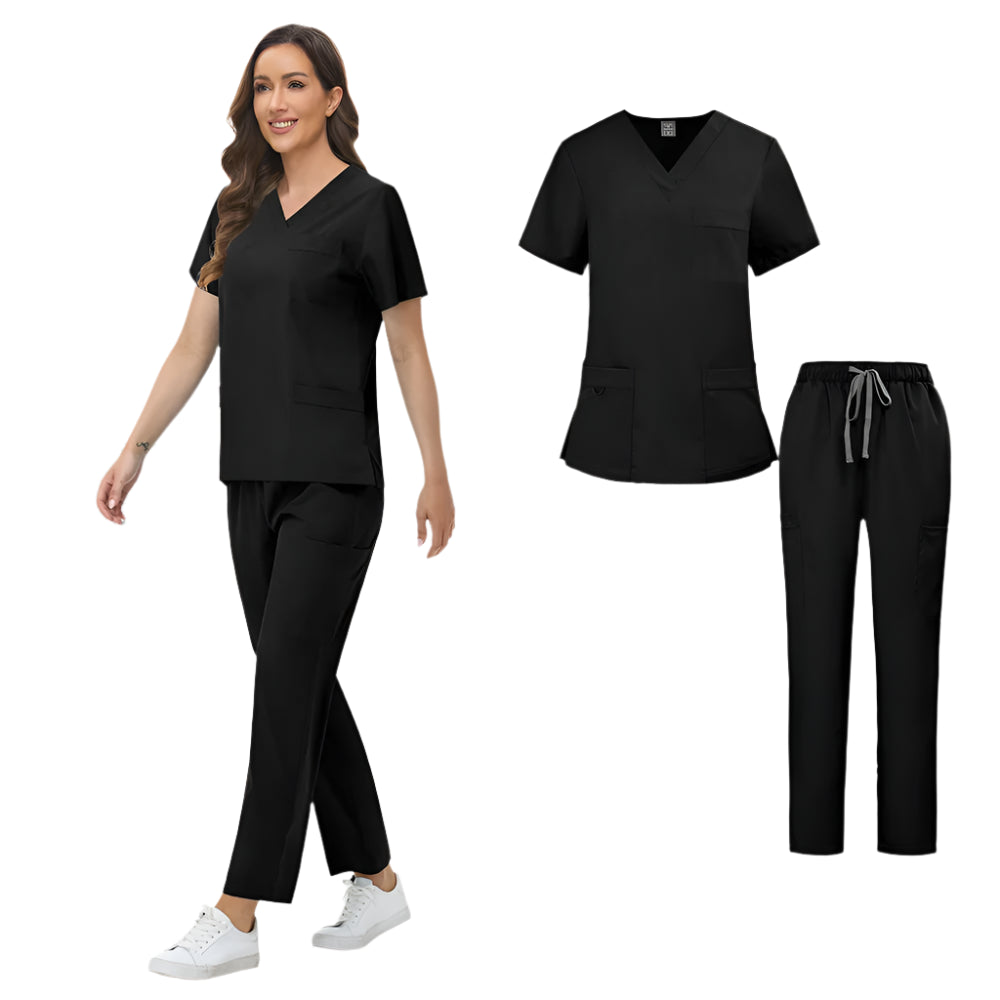 Unisex Medical Scrubs Set: Short Sleeve V-Neck Top & Pants Workwear