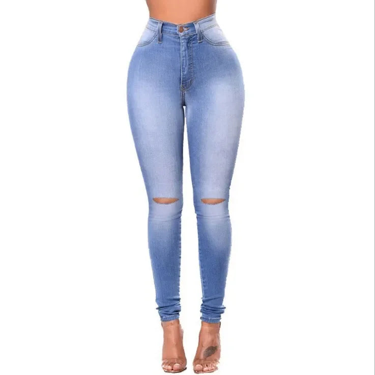 Women's High-Waist Ripped Skinny Jeans - Slim Fit Stretch Pencil Pants