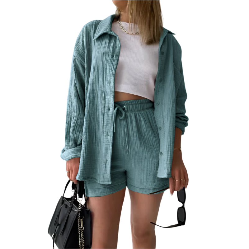 Women's Casual Shirt & Shorts Suit - Full Sleeve Spring/Summer Set