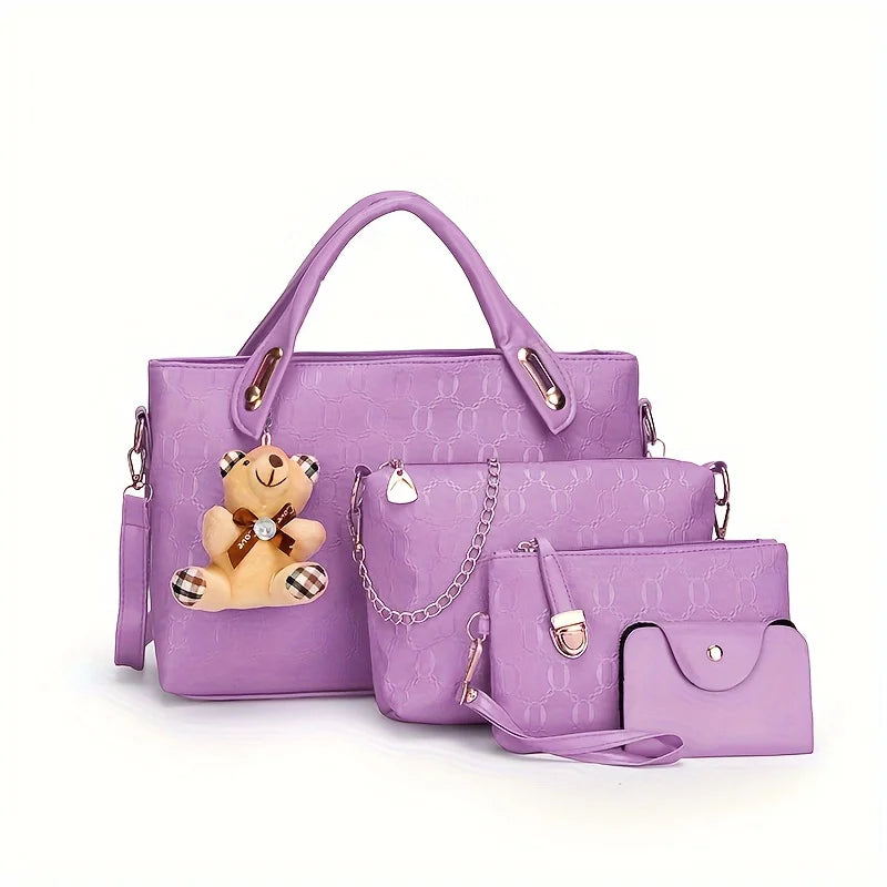 4PCS Geometric Tote Bag Set - Handbag, Crossbody, Clutch & Card