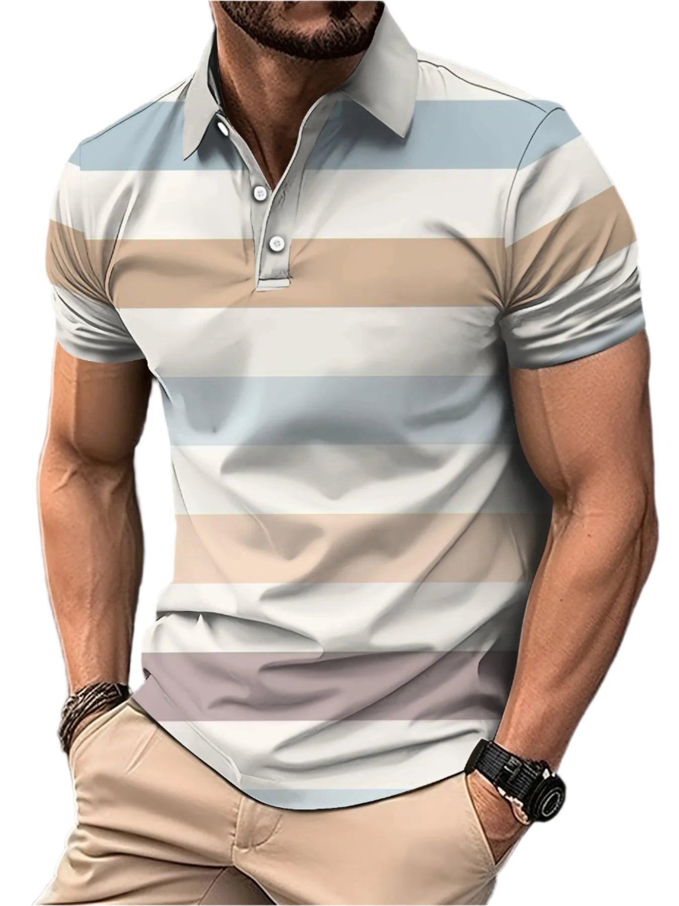 Men’s 3D Digital Print Striped Polo – Casual Oversized Top