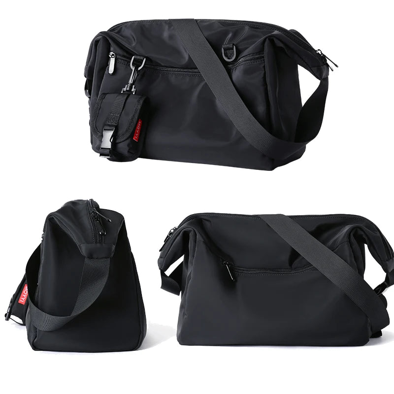 Black shoulder bag shown from multiple angles on a white background