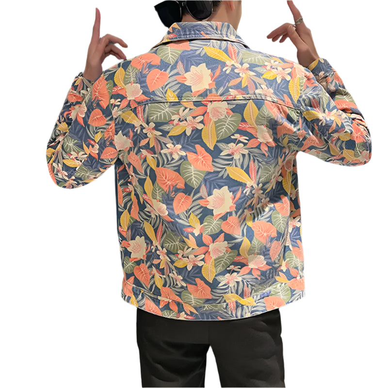 Men’s Blue Denim Jacket | Printed Trim Casual Coat M–4XL Sizes