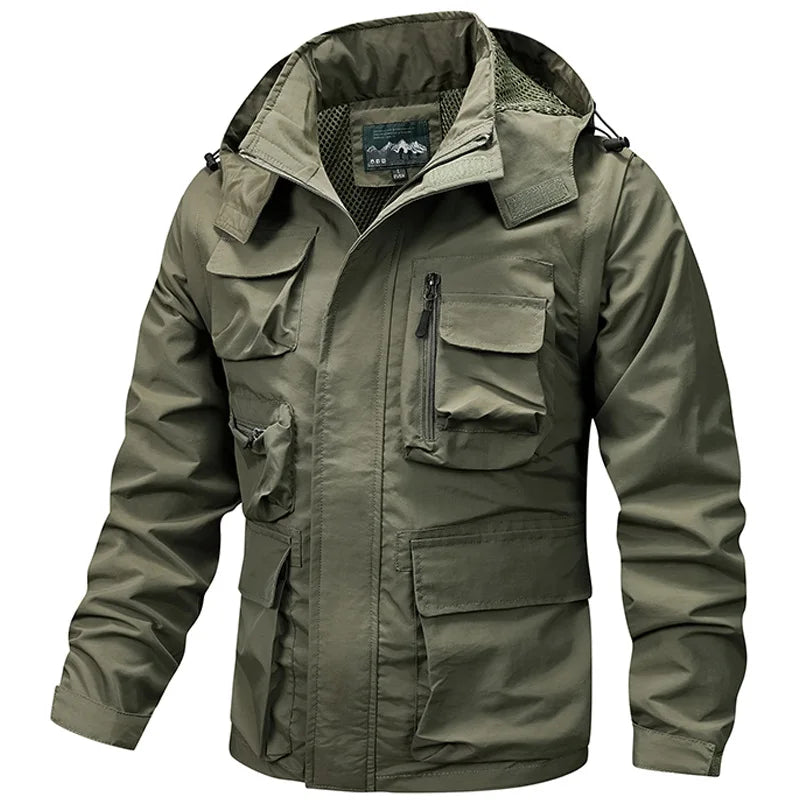 Green jacket with multiple pockets and a hood on a white background