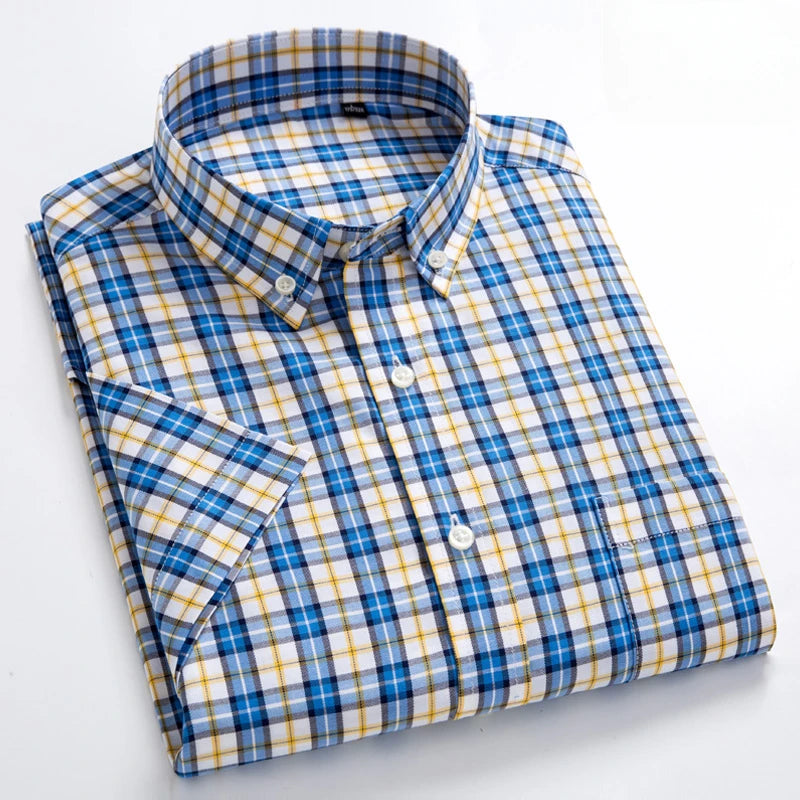 Slim Fit Short Sleeve Soft Feel Men's 100% Cotton Plaid Summer Shirt