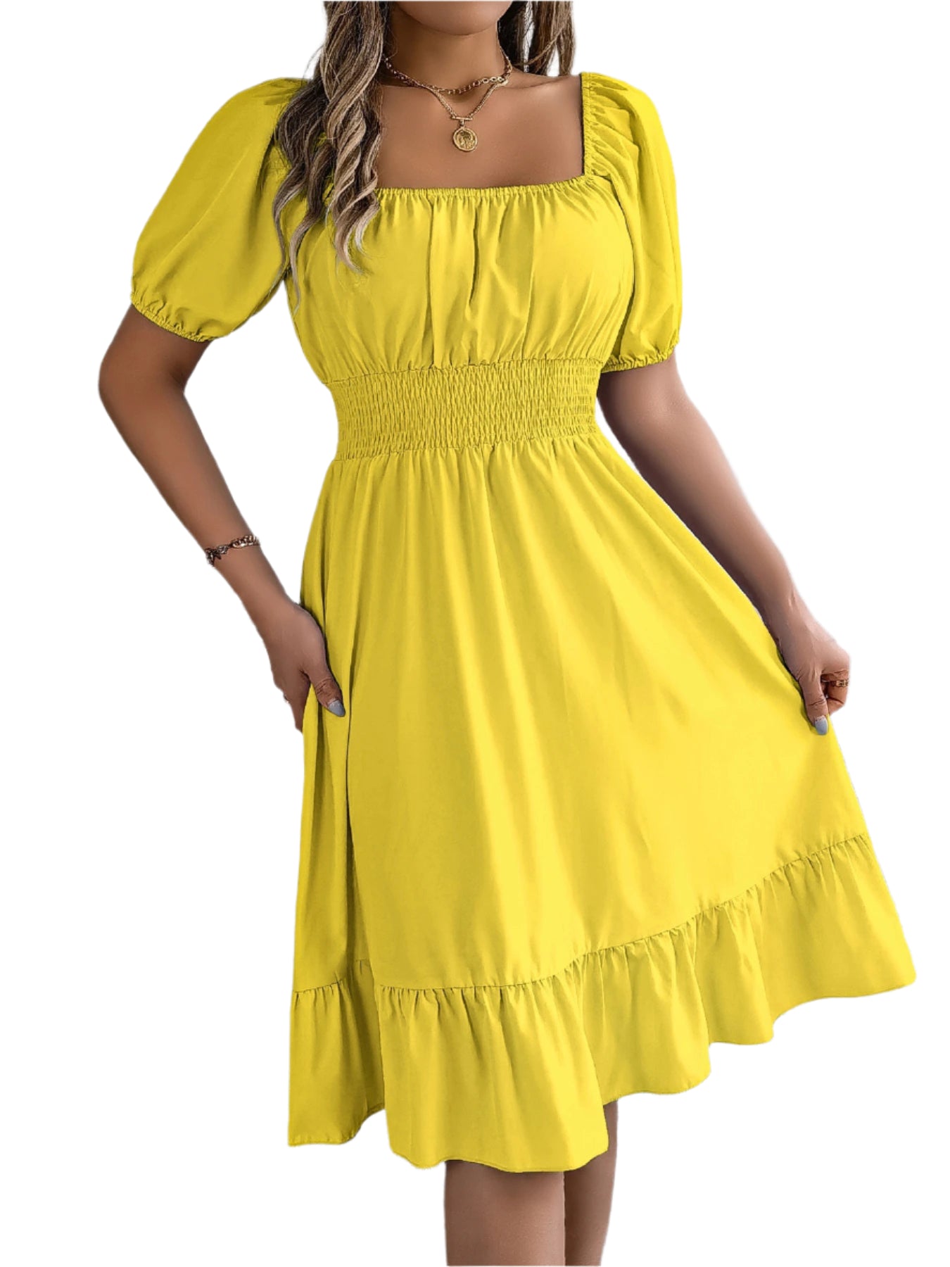 Elegant Square Neck Ruffled Dress – Spring Summer High Waist