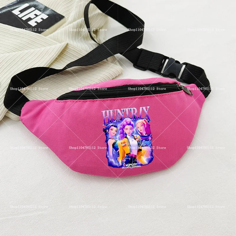 Pink waist bag with cartoon design on a light gray background