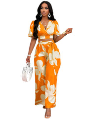 Women’s Elegant Two-Piece Pleated Butterfly Sleeve Top & Wide-Leg Lace-Up Pants