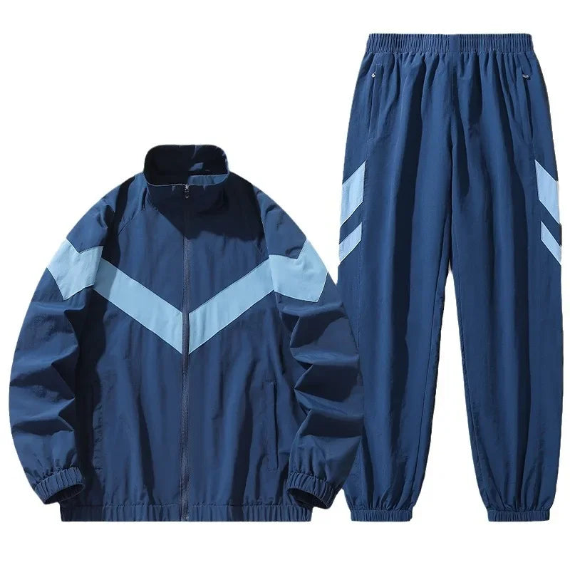 Blue tracksuit with white stripes on a white background