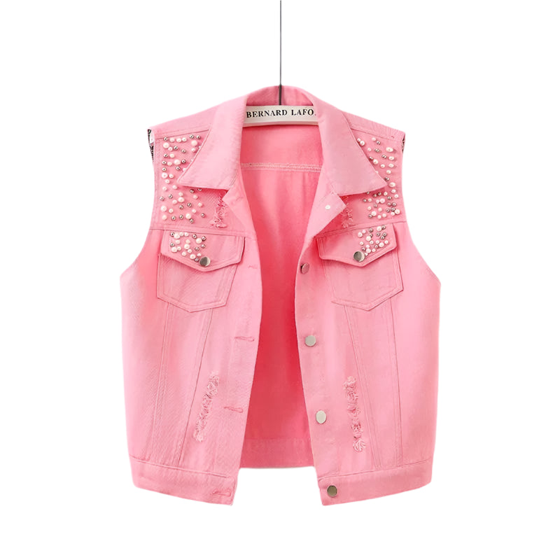 Colorful Beaded Denim Waistcoat – Women's Sleeveless Slim Fit Short Vest Jacket