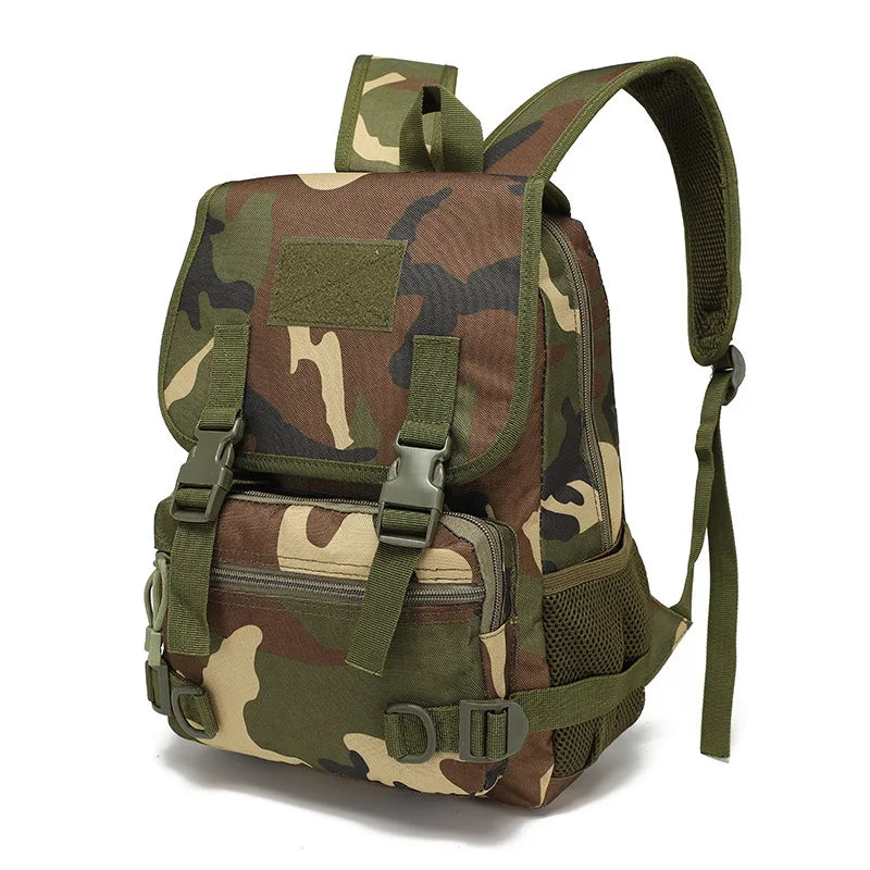 Camouflage backpack with green straps on a white background