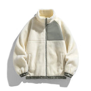 White fleece jacket with gray accents on a white background